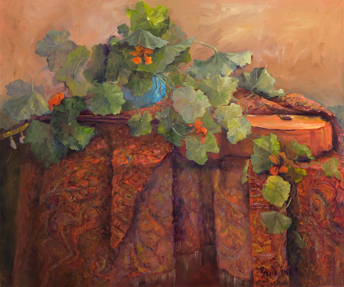 Nasturtiums and the Guitar by Priscilla Fossek
